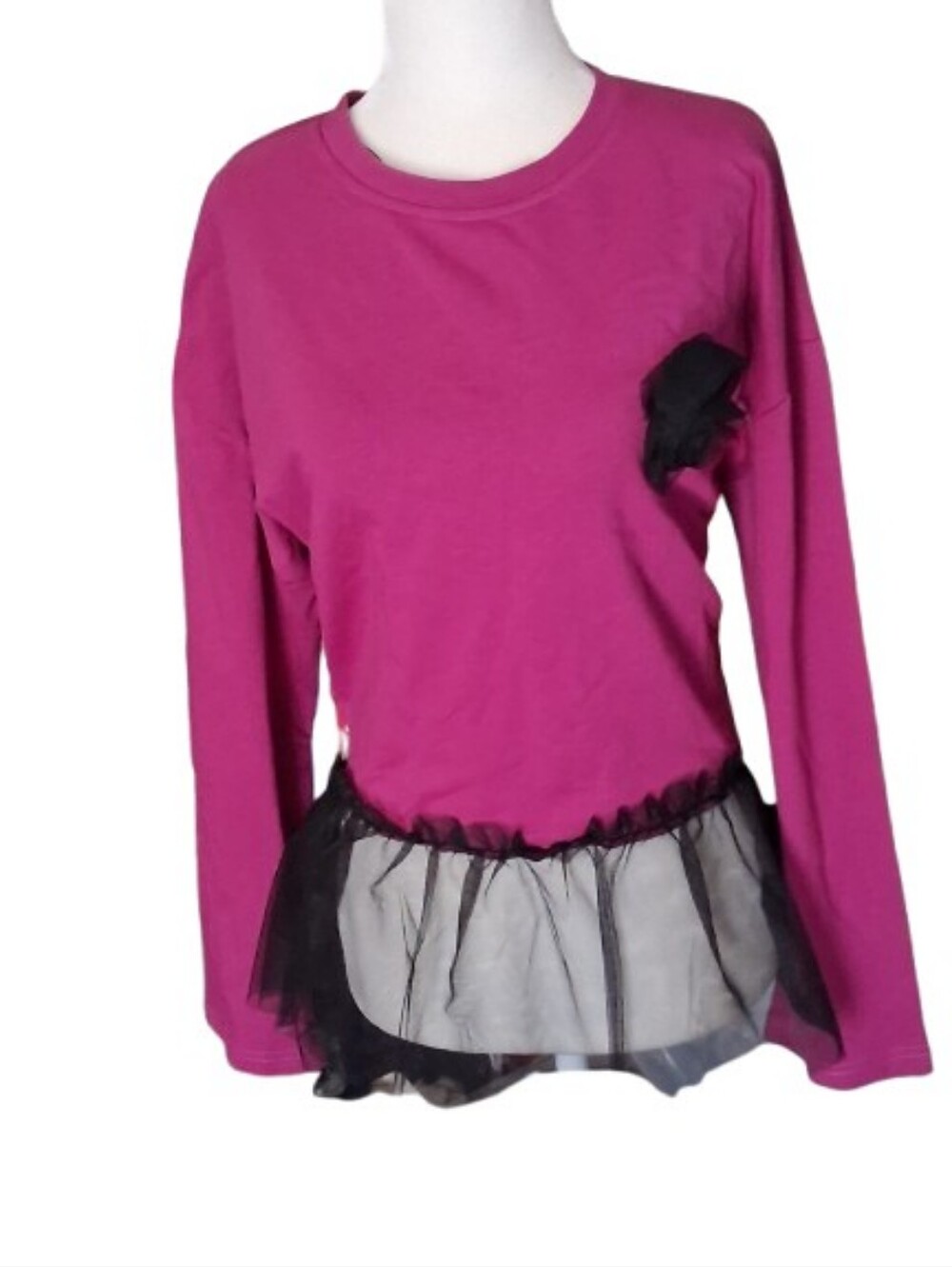 NWT Dalin Tulle-Accent Peplum Knit Long Sleeve With Rose Accent, Junior Large